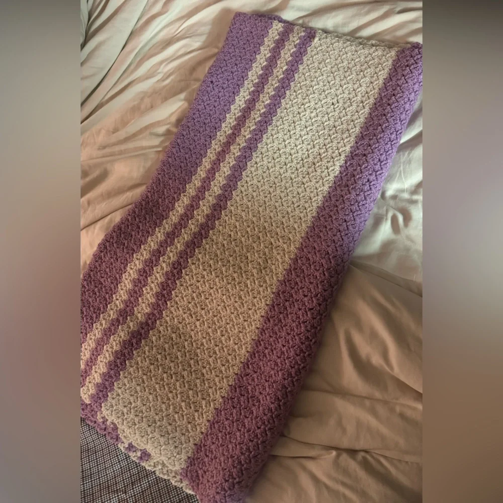 Handmade Cozy Purple and Cream Knitted Blanket